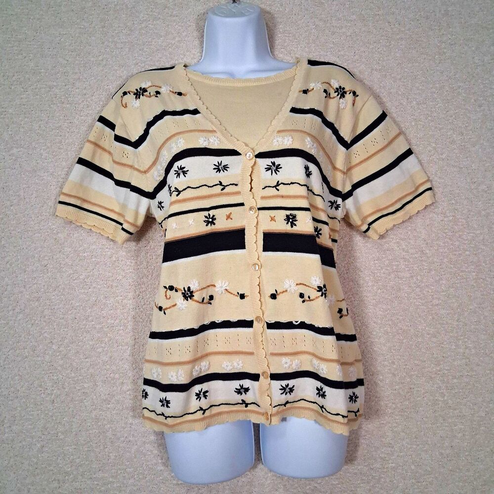 Vintage 90s Embroidered Beaded Faux Layer Knit Top Women's Sz M Stripe Retro